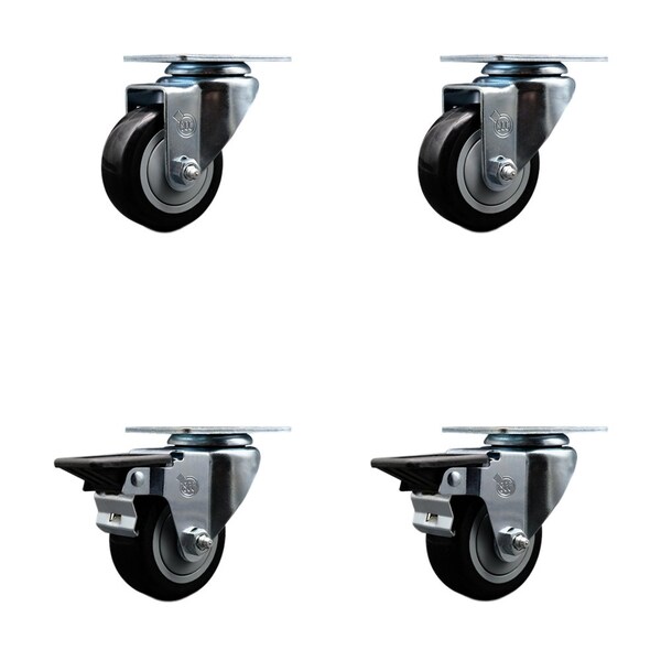 3'' Black Poly Wheel Swivel Top Plate Caster Set with 2 Posi Brakes, 4PK
